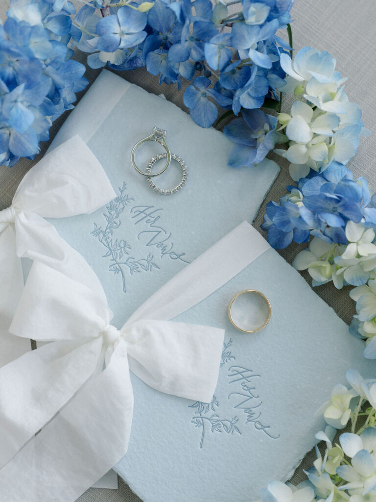 Flat lay details the bride and grooms rings and their vow books.