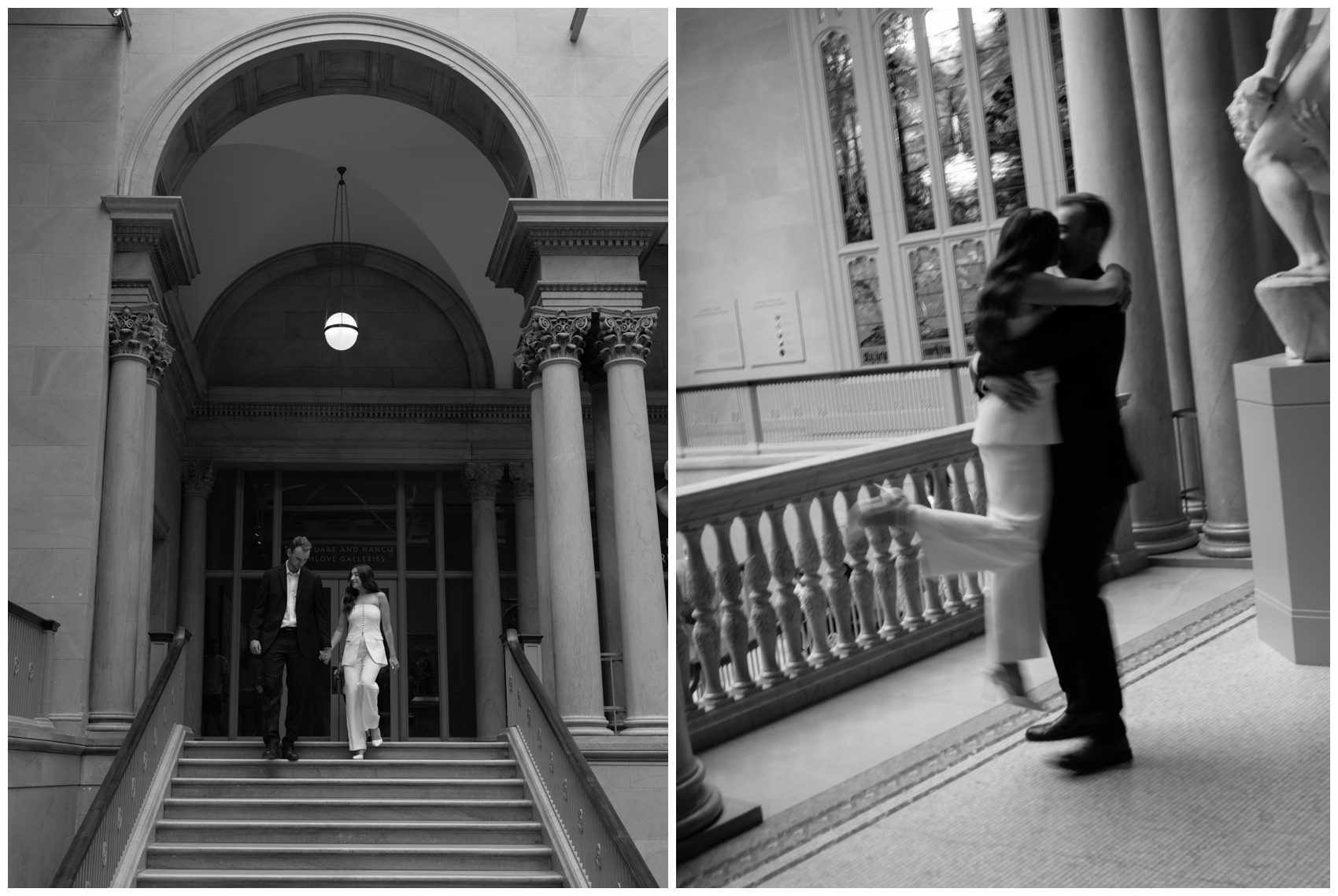 Anna and Steven walk down the stairs at the Chicago Art Institute for their engagement pictures by Chicago wedding photographer Cynthia Mae Photography.