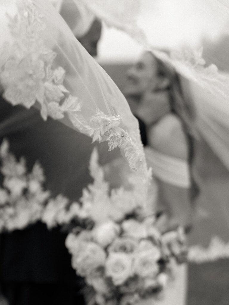 Black and white bride and groom portrait at Cascade Hills Country Club in Grand Rapids, Michigan