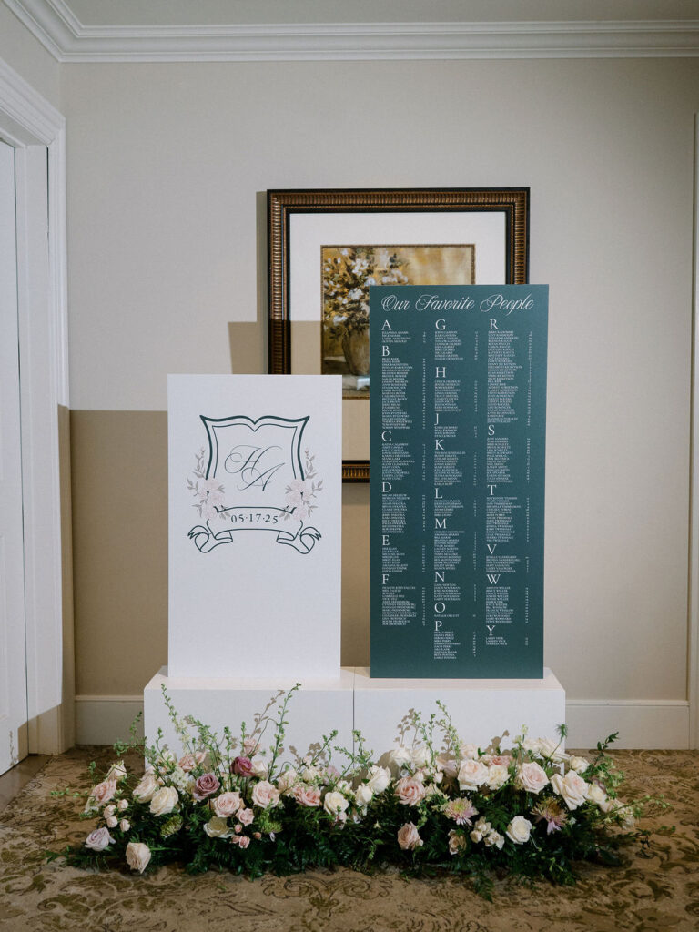 Wedding reception seating signage at Cascade Hills Country Club in Grand Rapids, Michigan