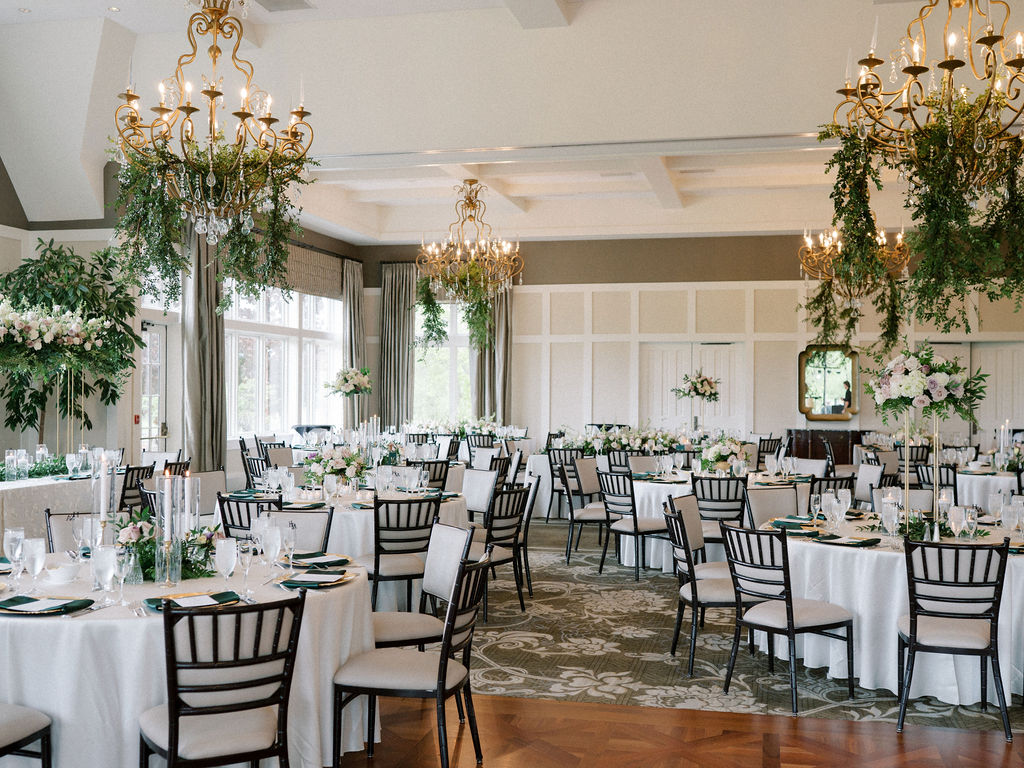 An elegant indoor wedding reception at Cascade Hills Country Club in Grand Rapids, Michigan