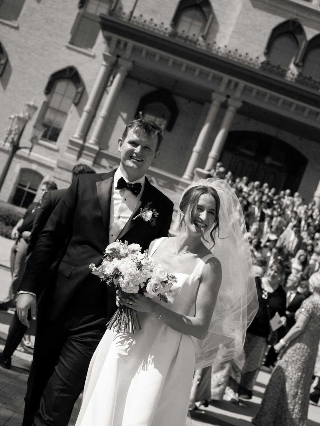 Bride and grooms post ceremony group shot from their Notre Dame wedding