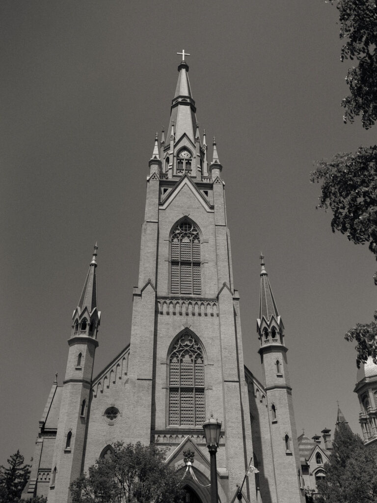Black and white photo of Basilica of Notre Dame