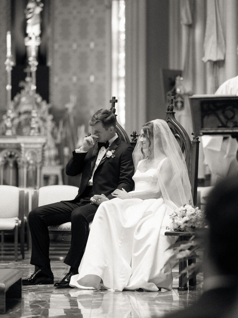 Groom getting emotional during his Notre Dame Basilica wedding ceremony