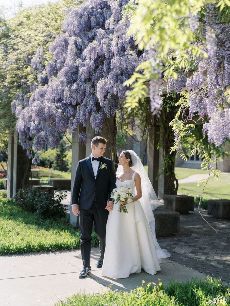 Bride and grooms outdoor wedding portraits at University of Notre Dame