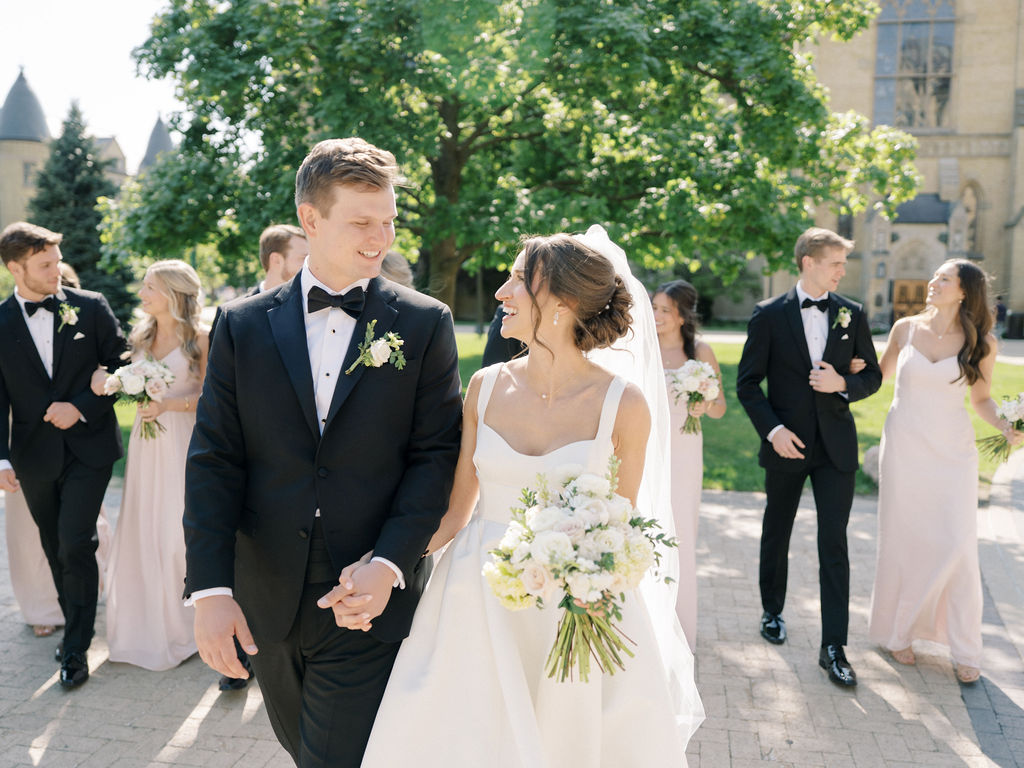 Outdoor Notre Dame wedding party photo