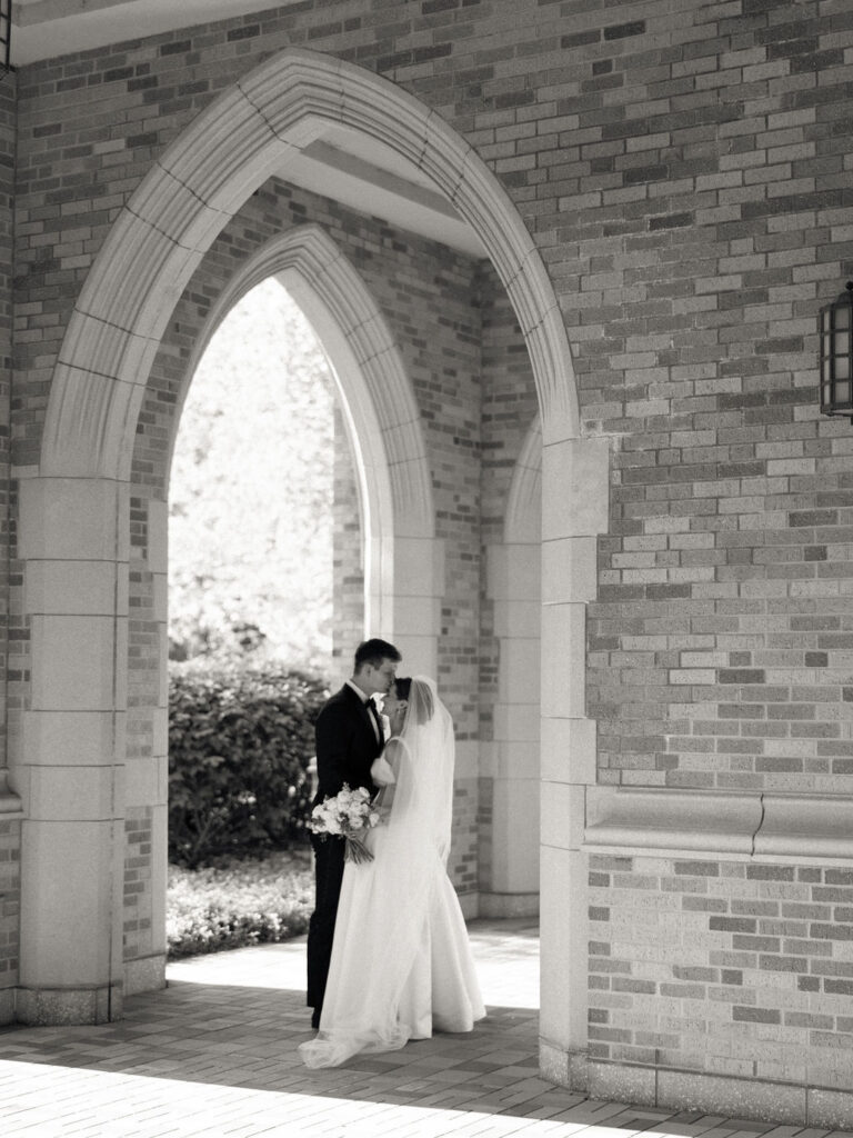 Black and white Notre Dame wedding portraits outdoors