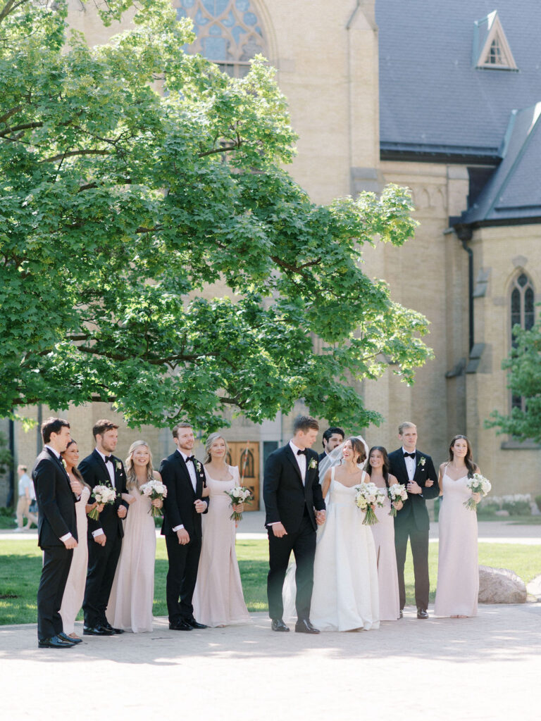 Outdoor Notre Dame wedding party photo