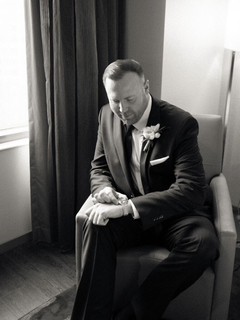Black and white indoor grooms portraits from a Grand Rapids wedding in Michigan
