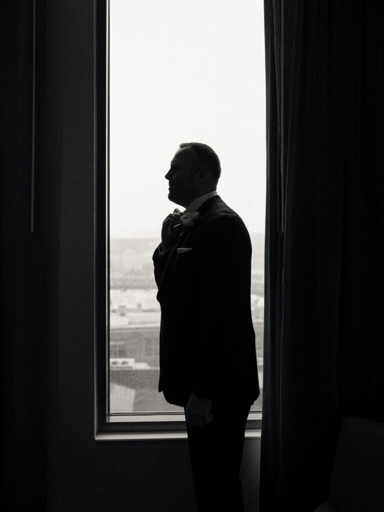 Black and white indoor grooms portraits from a Grand Rapids wedding in Michigan