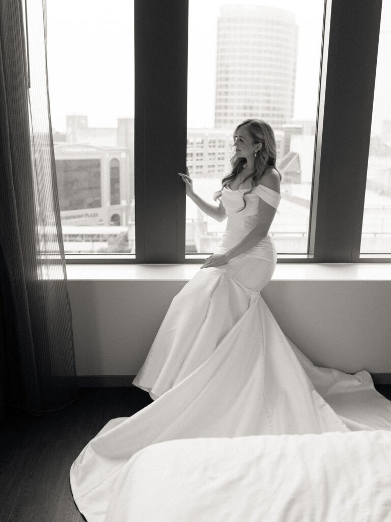 Indoor black and white bridal portraits from a Grand Rapids, MI wedding