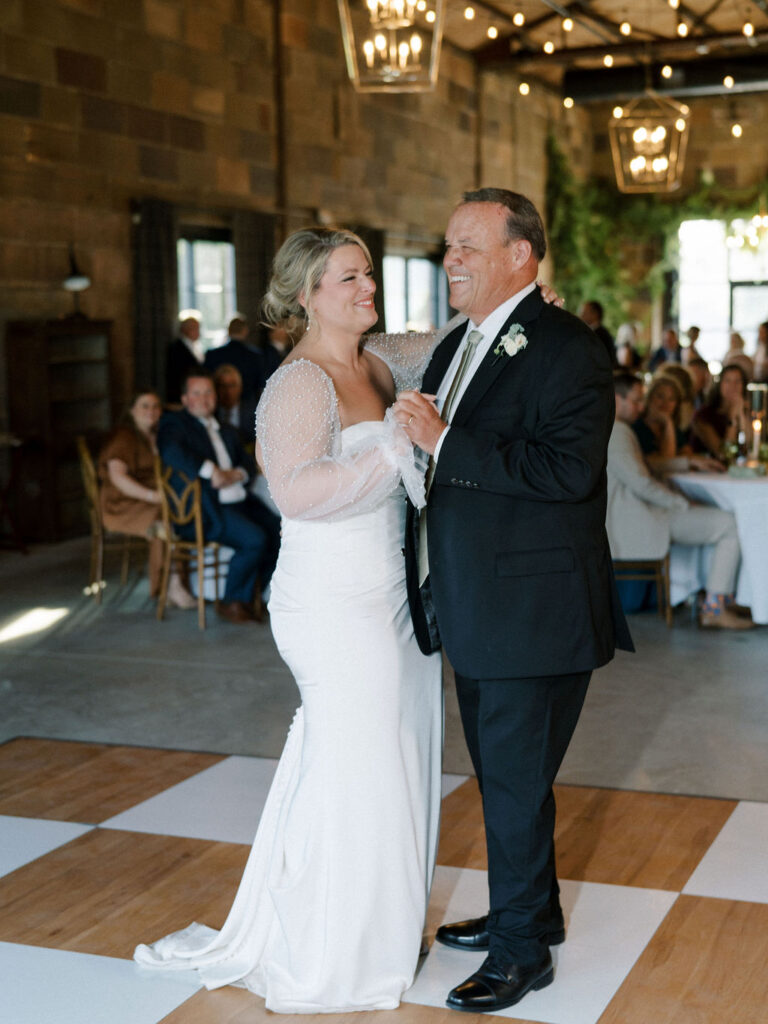 Bride sharing a first dance with her father at The Pickle Factory at The Millhaven