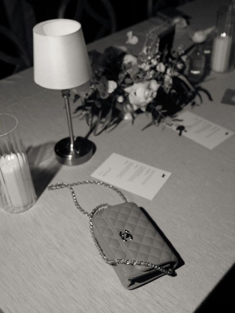 Black and white wedding reception tablescape photo