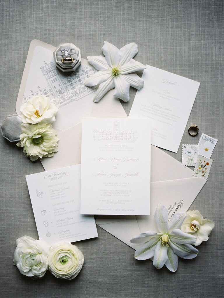 Notre Dame wedding details with invitations, florals, and rings captured on film