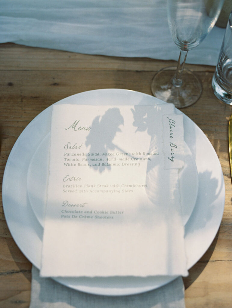 Wedding reception menu from Partage catering for a Glass House Community wedding reception