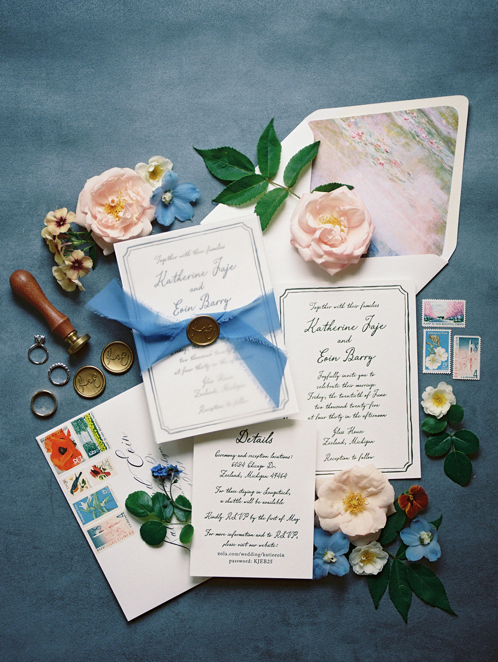 Colorful summer wedding details with florals, wax seal, invites, and rings.