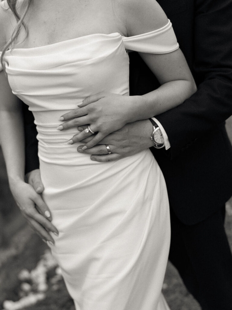 Close up shot of a bride and groom posing