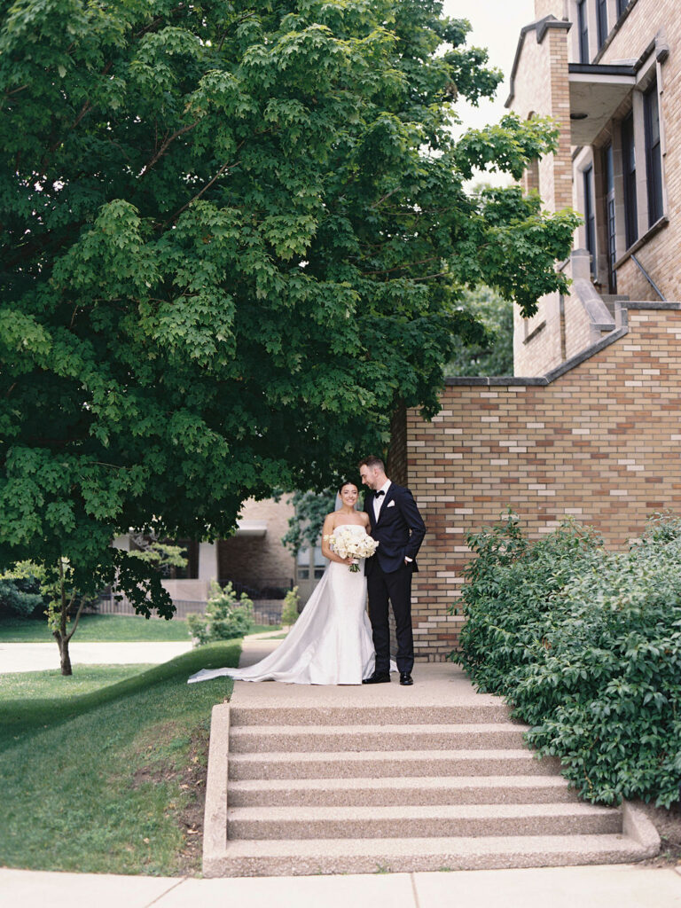 Outdoor bride and grooms portraits on film from their Saint Mary's Notre Dame wedding