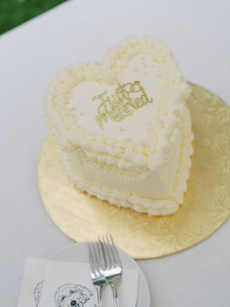 Small heart shaped cake that says "Just Married"