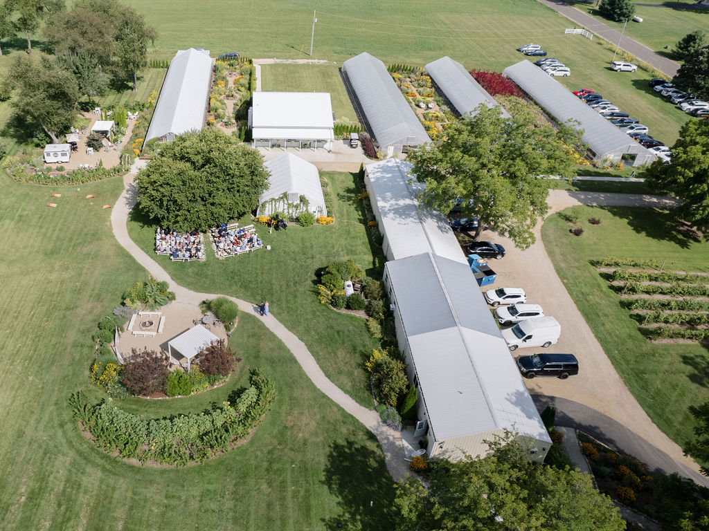 Aerial view of the venue showing the Mulberry ceremony space and surrounding greenhouses.