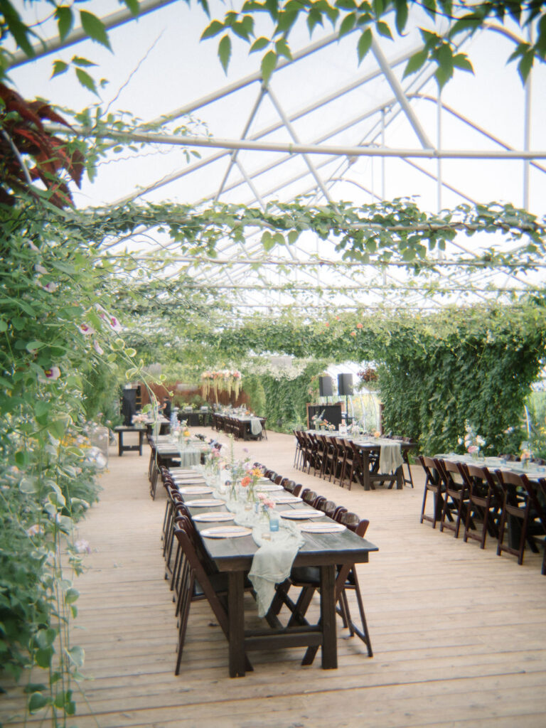 Long farm tables set for an Of The Land wedding reception inside the greenhouse, surrounded by lush greenery and hanging vines.