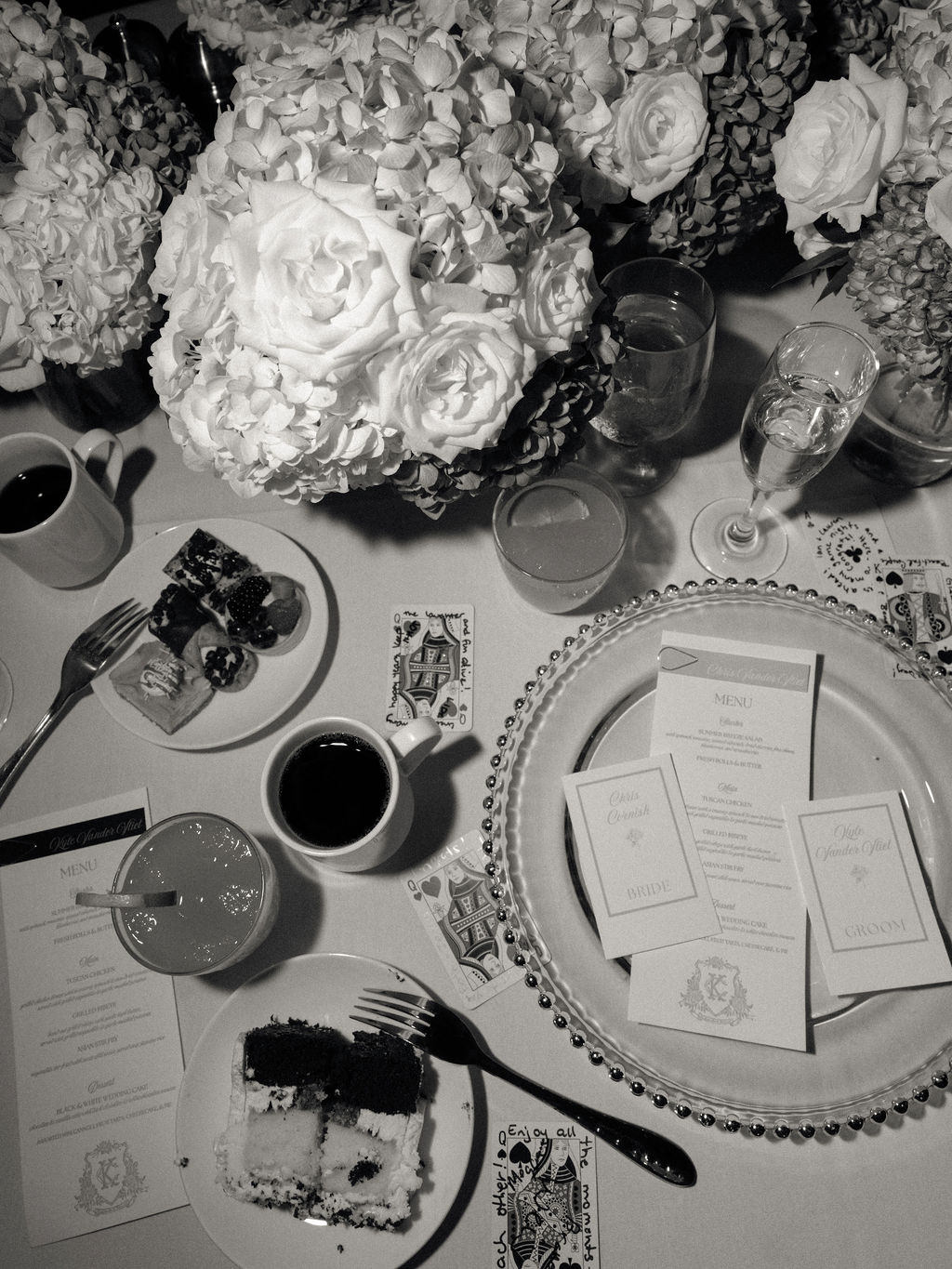 Black and white wedding reception detail shot.