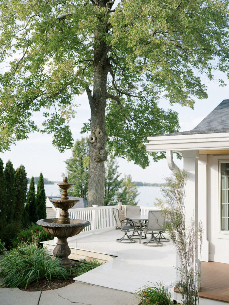 Outdoor Lakefront Pavilion at Bay Pointe Woods set up for a wedding rehearsal gathering.